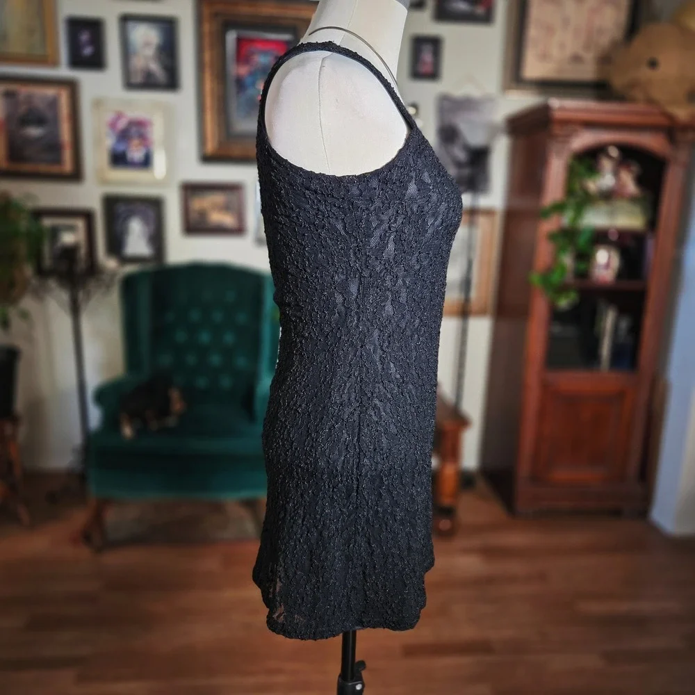 Vintage 80s Black Lace Square Neck Sleeveless‎ Mini Dress Flirty Party